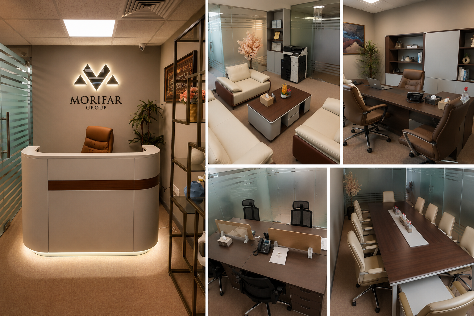 Morifar Group Dubai office โ reception, client lounge, executive workspace, meeting room and boardroom